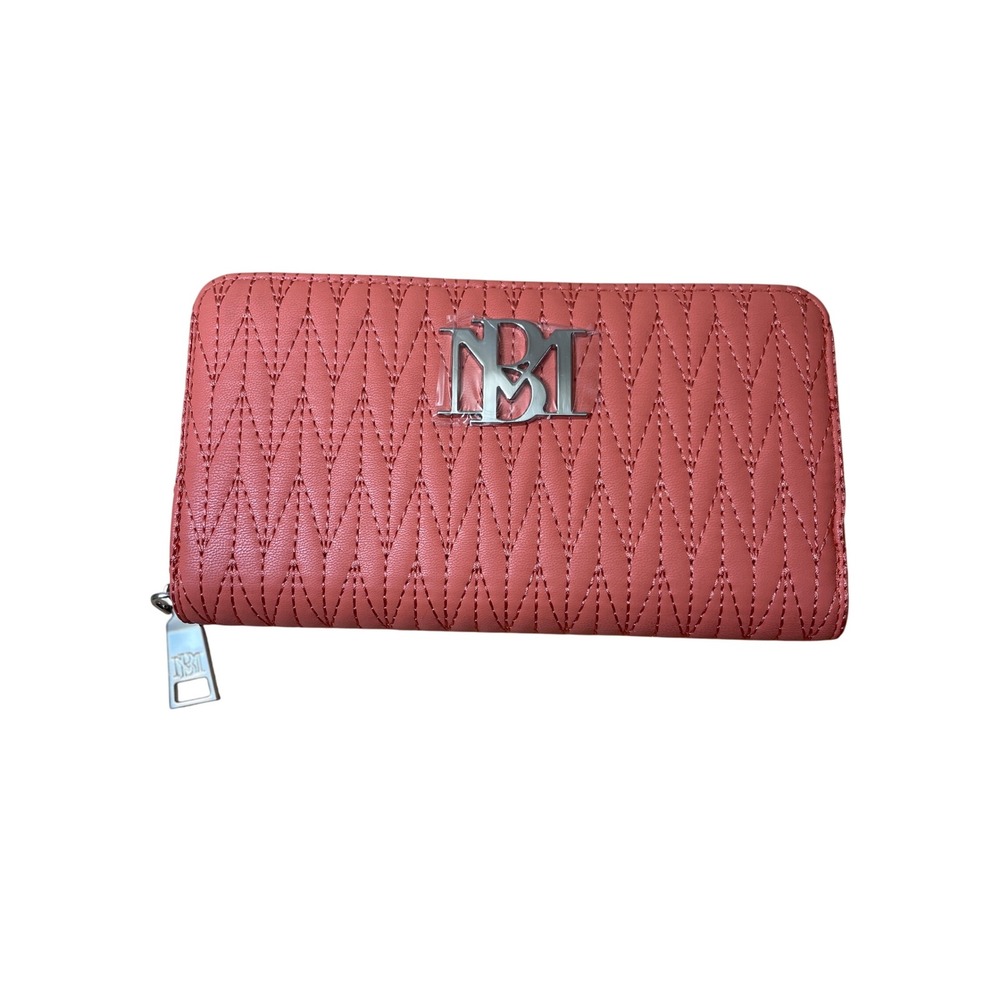 Badgley Mischka‎ Quilted Zip Around Wallet Coral Monogram Logo NWOT